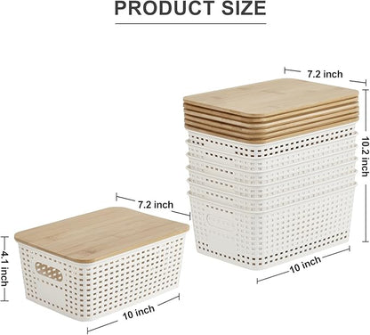 Bagnizer Small Plastic Storage Bins with Bamboo Lids 5.2qt Stackable Box Basket Pantry Decorative Containers Cute with Lable for Organizing Desktop Closet Office Cream White of 6 packs 10*7.2*4.1'’