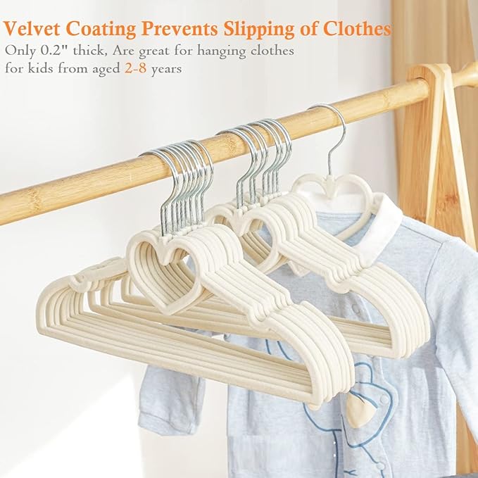Kids Velvet Hangers 50 Pack, 12.8 Inch Non Slip Toddler Hangers, Ultra Slim Space Saving Childrens Hanger - 360° Swivel Hook, Cascade Design, Durable & Cute Baby Hangers (White