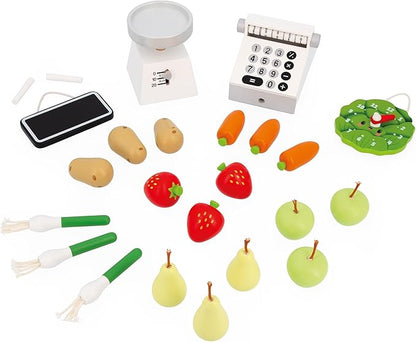 Janod - Children's Merchant Farm Market - Imitation Game for Children - 32 Accessories - Develops Imagination - FSC Wooden Toy - Water Painting - Suitable for Ages 3 and Above - J03322