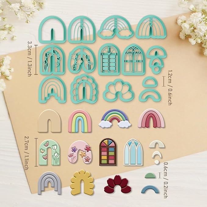 ORIGACH 14 Pcs Boho Arch Shape Polymer Clay Cutters, Rainbow Flower Frame Design Clay Cutters for Polymer Clay Jewelry Earrings with a Clear Storage Box