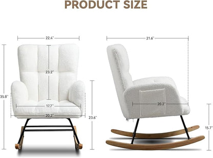 COMHOMA Nursery Rocking Chair, Teddy Upholstered Glider Rocking Chair with Side Pockets, Accent Chair with High Backrest Reading Chair for Adult, Nursery, Bedroom, Living Room,Offices (White)