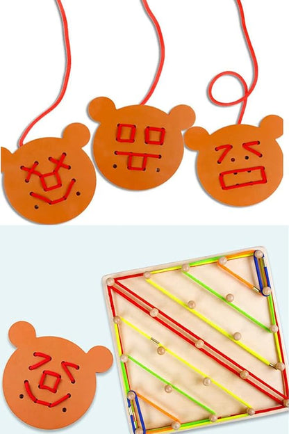 YHZAN Wooden Geoboard Graphing Peg Board Montessori Toddler Sensory Toy Colorful Rubber Bands Pattern Cards Preschool Learning Game