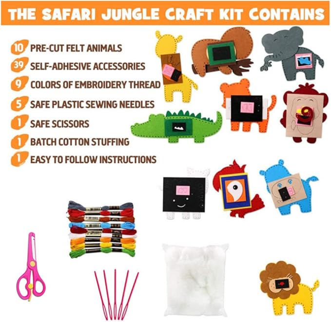 Jungle Animals Sewing Craft Kit for Kids Craft for Girls and Boys Sewing Stuffed Animal Felt Plush Ornaments for Beginners Set of 10