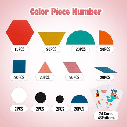 USATDD 180 Pcs Wooden Tangrams Pattern Blocks Set Geometric Manipulative Shape Puzzle Kindergarten Classic Educational Montessori Toys for Kids Toddlers Ages 4-8 with 24 Pcs Flash Cards