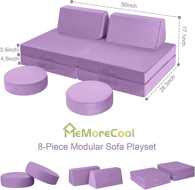 MeMoreCool Modular Kids Couch, Purple 8-Piece Convertible Foam Sofa Play Set for Toddlers and Playroom