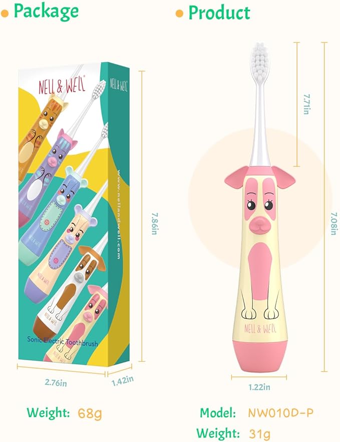 NELL&WELL Kids Electric Toothbrush, 2-Min Timer, 3 Modes with Memory, IPX 7 Waterproof, Battery Powered Kids Toothbrush with 3 Soft Bristles Heads for Children Boys and Girls Ages 3+…