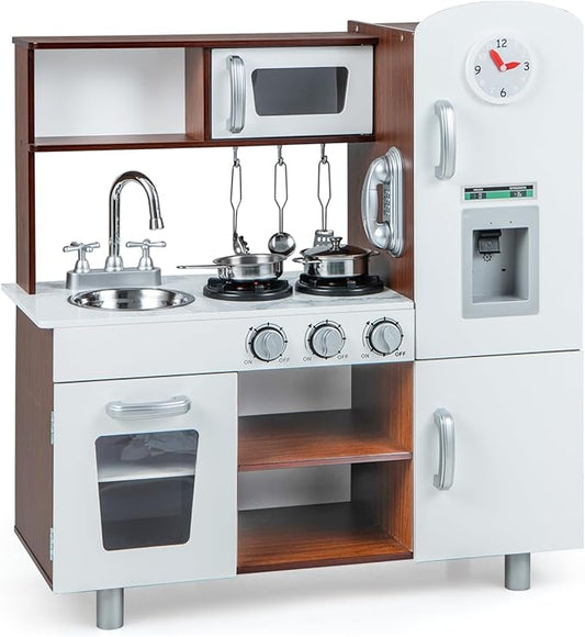 Costzon Kitchen Playset for Kids, Wooden Pretend Cooking Kitchen w/Utensils, Oven, Cabinets, Faucet, Sink & Telephone, Toddlers Play Kitchen Set with Accessories, Gift for Age 3+ (Brown)