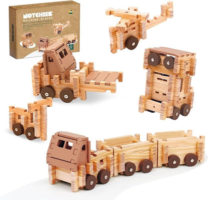 Jovi-mindly Wooden Blocks Wooden Train Set 101 PCS Create 40+ Shapes,Wooden Toys Educational Wooden Building Blocks Wooden Puzzles for Kids Ages 4-8 Boys and Girls,Truck/Excavator,FSC Certified