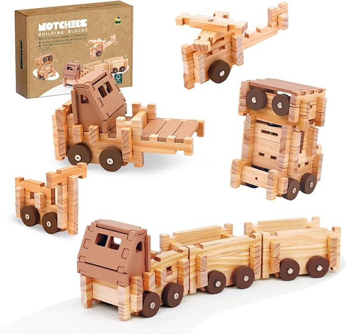 Jovi-mindly Wooden Blocks Wooden Train Set 101 PCS Create 40+ Shapes,Wooden Toys Educational Wooden Building Blocks Wooden Puzzles for Kids Ages 4-8 Boys and Girls,Truck/Excavator,FSC Certified