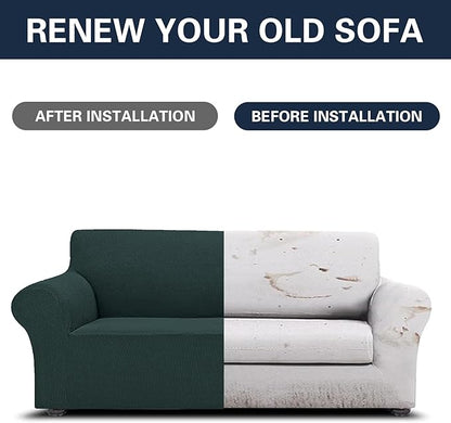 2025 New Stretch Sofa Slipcovers Couch Cover for 3 Cushion Furniture Protector Sofa Covers with Elastic Bottom Jacquard Fabric Small Checks for Pets, Kids -Sofa, Hunter