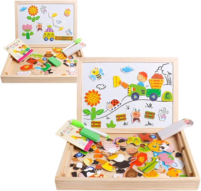 Skrtuan Wooden Educational Toys Magnetic Puzzles for Kids Wooden Art Easel Double Side Educational Learning Games for Boys Girls Children
