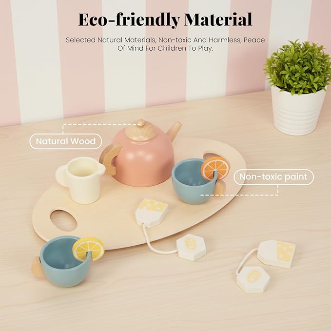 Wooden Tea Sets for Toddlers 3-5, Girl Chrismas Birthday Gift 3 Year Old Princess Party, Wooden Play Food Toy Sets for Kids Kitchen Accessories