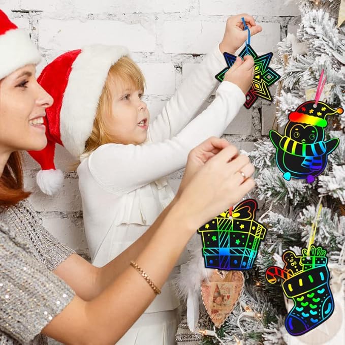 Mocoosy 48 Christmas Scratch Art Ornaments, Christmas Crafts Kits for Kids Rainbow Magic Scratch Paper Cards Xmas Hanging Ornaments Decorations DIY Winter Holiday Party Favors Set