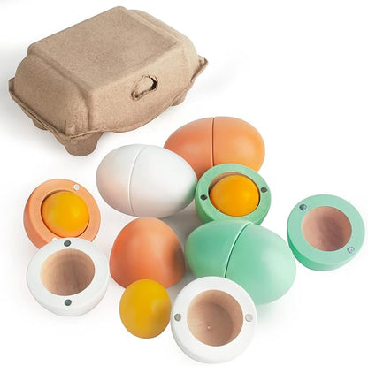 WHOHOLL Wooden Easter Play Eggs Toy, Play Food Sets for Kids Kitchen, Durable Wood Eggs with Magnetic Separable Yolk, Pretend Play Kitchen Toy Food for Toddlers Boys Girls Gifts