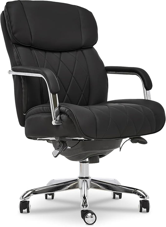 La-Z-Boy Sutherland Quilted Leather Executive Office Chair with Padded Arms, High Back Ergonomic Desk Chair with Lumbar Support, Black Bonded Leather