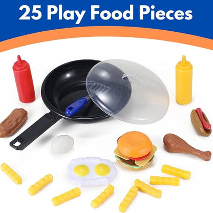 25 PCS Play Food Kids Toy Set with Frying Pan Skillet and Spatula - Kitchen Cooking Pretend Play Toy Grill Set for Toddlers Kids