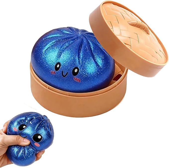 Glitter Dumpling, Glitter Dumpling Squishy with Box, Cute Anxiety Relief Fidget Toy, Soft Squeeze Decompression Dough for Adults (Flashing Blue Eyes)