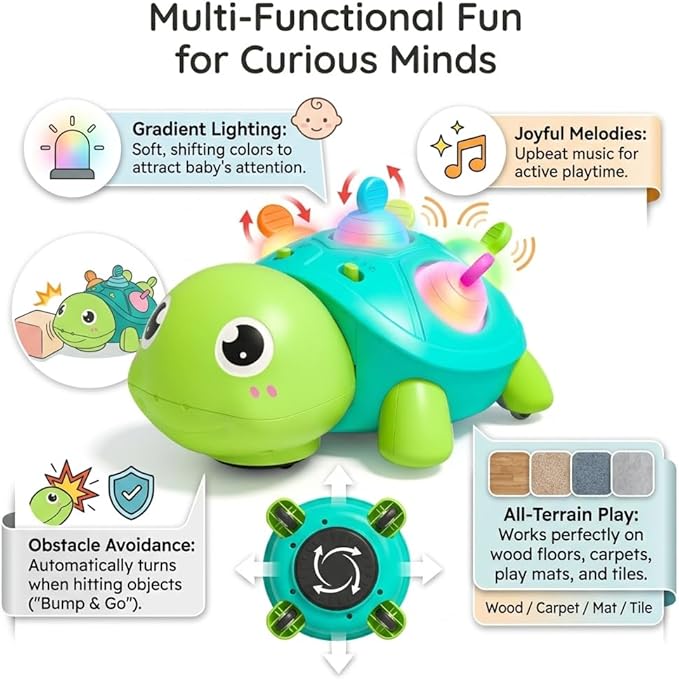 3-in-1 Musical Crawling Turtle Baby Toy - Tummy Time Toy with Smart Obstacle Avoidance, Push-and-Pop Sensory Shell & Sleep Soothing, Baby Infant Toys for 0-12 Months