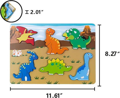 Wooden Chunky Puzzles Set - Dinosaurs, Vehicles and Pets Animals Wooden Puzzles Preschool Early Learning Toy Gift for Kids Toddlers 1-3