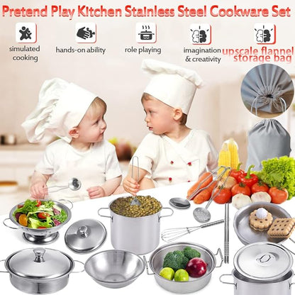 Mini Kids Stainless Steel Cookware Kitchen Cooking Toys Pretend Utensils with Cookware Play Pots and Pans Playset ,Cooking Utensils Pot Rack Organizer Storage Bag for Toddlers (Tiny Size)