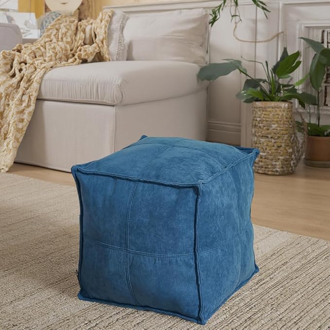 Louis Donné Unstuffed Pouf Ottoman, Square Supersoft Pouf Cover with Storage Solution, Foot Stool for Living Room, Home Decor, Christmas Decoration, 17x17 - Blue (Only Cover)