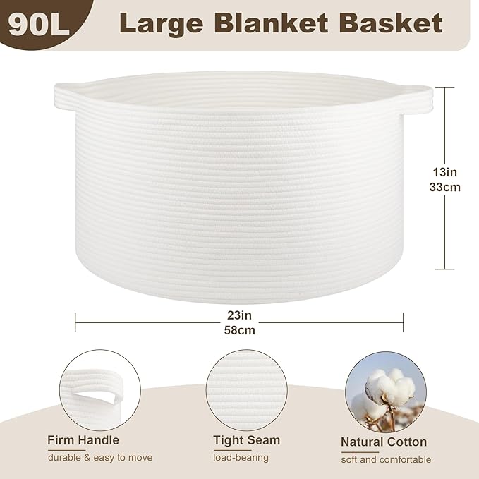 OIAHOMY 90L Blanket Basket for Living Room, Large Basket 23" x 23" x 13" with Handle, Laundry Hamper for Blankets, Pillows, Toy Storage for Kids, Dogs - White