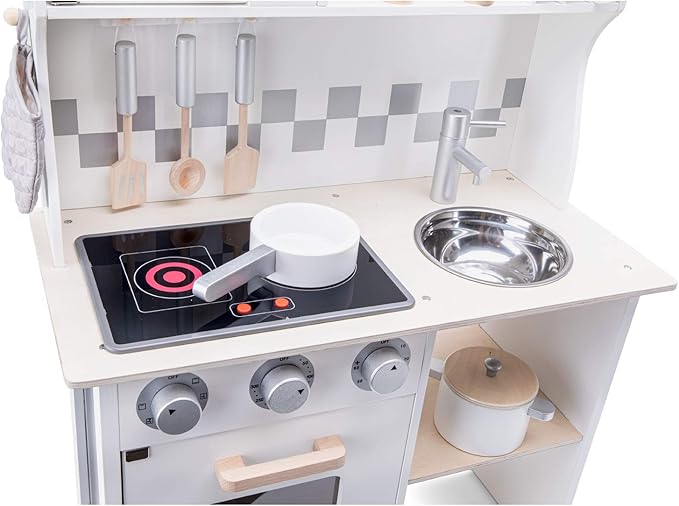 New Classic Toys Wooden Pretend Toy Kitchen for Kids with Role Play Bon Appetit Electric Cooking Included Accesoires Makes Sound, Modern White