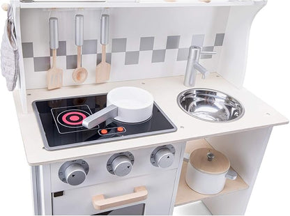New Classic Toys Wooden Pretend Toy Kitchen for Kids with Role Play Bon Appetit Electric Cooking Included Accesoires Makes Sound, Modern White