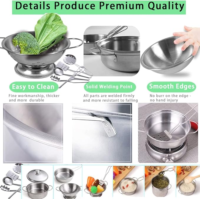 Mini Kids Stainless Steel Cookware Kitchen Cooking Toys Pretend Utensils with Cookware Play Pots and Pans Playset ,Cooking Utensils Pot Rack Organizer Storage Bag for Toddlers (Tiny Size)