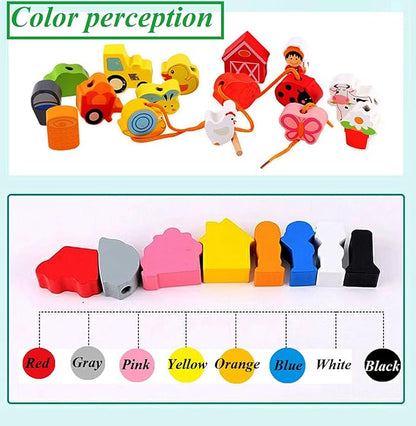 Lacing Farm Toy Wooden Block Set, Early Educational Toys String & Lacing Beads Games for Toddlers Kids Farm Animal Learning Play Set (16 Pieces)