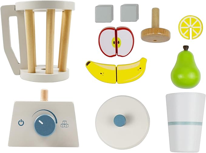 PairPear Smoothie Maker Blender Set - Wooden Toy Mixer Food Play Kitchen 14 pcs Accessories for Kids