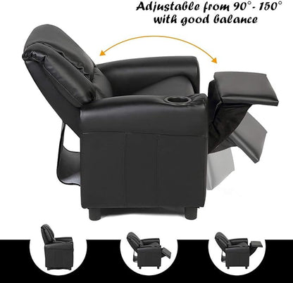 Costzon Kids Recliner Chair with Cup Holder, Toddler Furniture Children Armrest Sofa w/Headrest & Footrest for Girls Boys Baby Bedroom, Kids Room, PU Leather Kids Recliner Couch (Black)