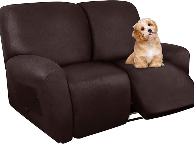 Loveseat Recliner Slipcover Large Size Oversized - 6 Pieces Stretch Leather Like Recliner Sofa Cover for 2 Seat Dual Reclining Loveseat Couch Furniture Protector (Chocolate)
