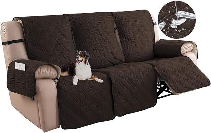 Easehomey Waterproof Recliner Sofa Cover,Non-Slip Reclining Sofa Covers for 3 Seat,Washable Reclining Sofa Cover Furniture Protector with Elastic Straps Pocket for Kids, Pets(Chocolate,3Seat)