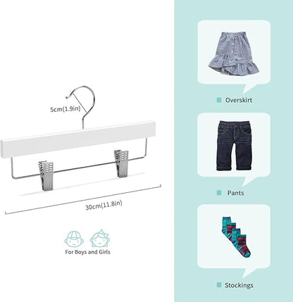 Nature Smile 11.8'' Kids Baby Toddler Children Solid Wooden Pants Hangers,Wood Skirts Hangers,Trousers Bottom Hangers with 2-Adjustable Clips Anti-Rust Hook Pack of 10 (White)