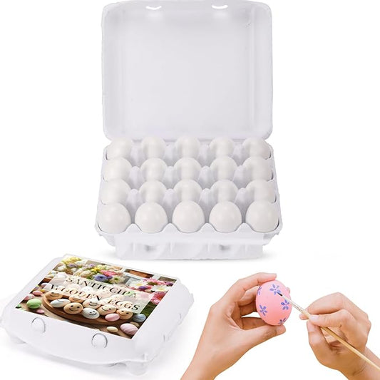 White Fake Easter Eggs, 20-Count Wooden Eggs in Carton for Painting and Crafts, Food Toys for Kitchen Play and Room Decor, Eggs for Nesting Boxes and Poultry Incubators.