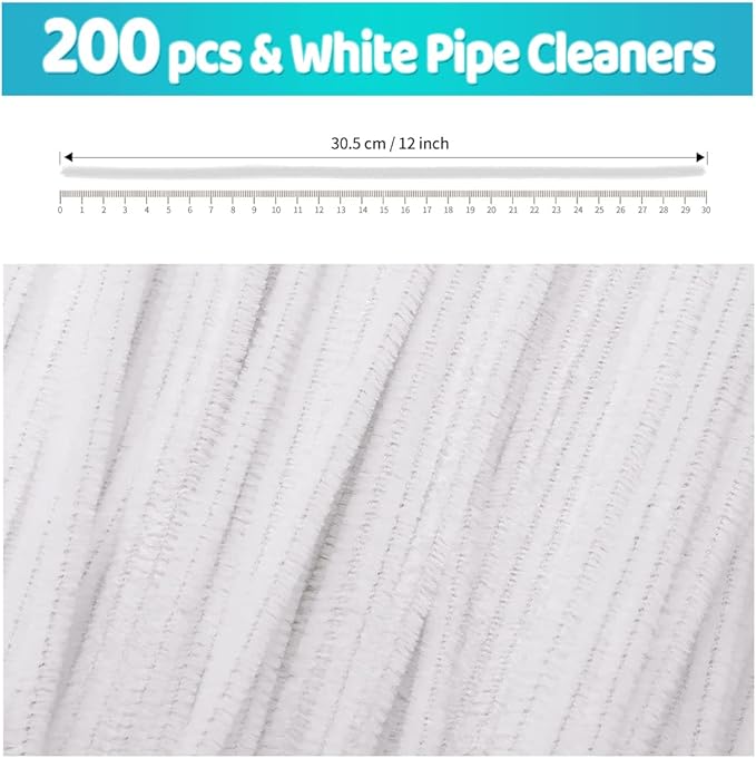 Iooleem 200pcs White Pipe Cleaners, Chenille Stems, Pipe Cleaners for Crafts, Pipe Cleaner Crafts, Art and Craft Supplies.