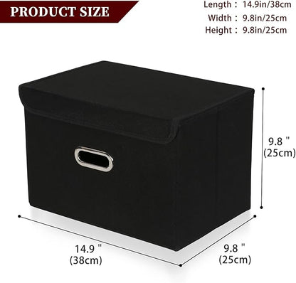 STOREONE Fabric Storage Cube Bins Foldable Organizer Container Collapsible Basket with Lids and Metal Handles, for Home, Bedroom, Closet 8 Pcs (Black)