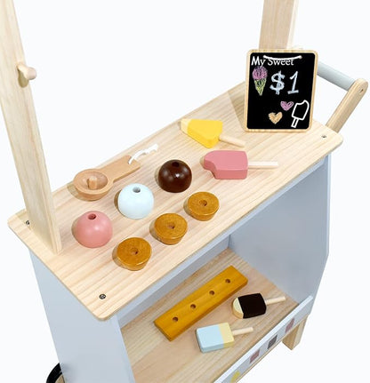 PairPear Wooden Toys Ice Cream Cart for Kids,Toddler Grocery Store Ice Cream Truck Playset,Pretend Play Food Kitchen Toys Gift for Boys and Girls 3 Years and up