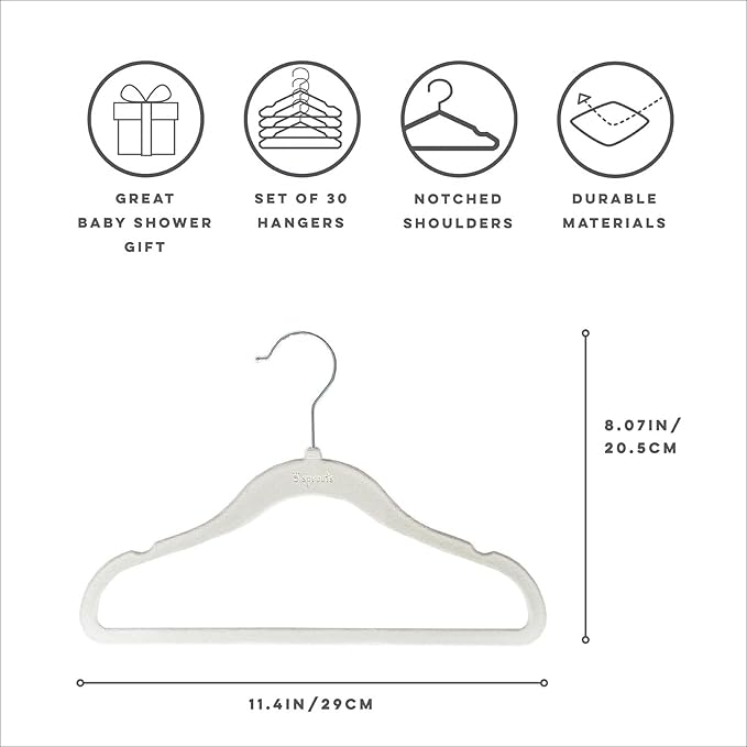 3 Sprouts Velvet Baby Hangers - Non-Slip Hanger for Infant, Toddler, Baby Clothes - Closet Kids Hangers with Slim Design, Nordic Colors, Pack of 30 - Green