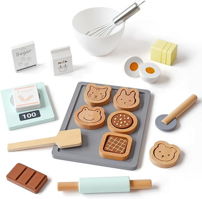 PairPear Wooden Toy Cookies and Baking Set,Kids 28 Pieces Play Food Toy Kitchen Playset,Pretend Play Kitchen Accessories Gift for Boys and Girls 3 Years and up