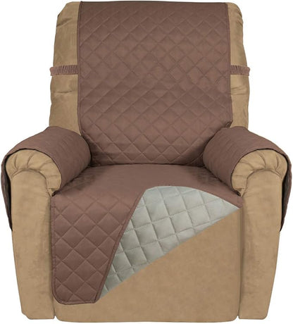 PureFit Reversible Quilted Sofa Cover, Water Resistant Slipcover Furniture Protector, Washable Couch Cover with Non Slip and Elastic Straps for Kids, Dogs, Pets (Small Recliner, Brown/Beige)