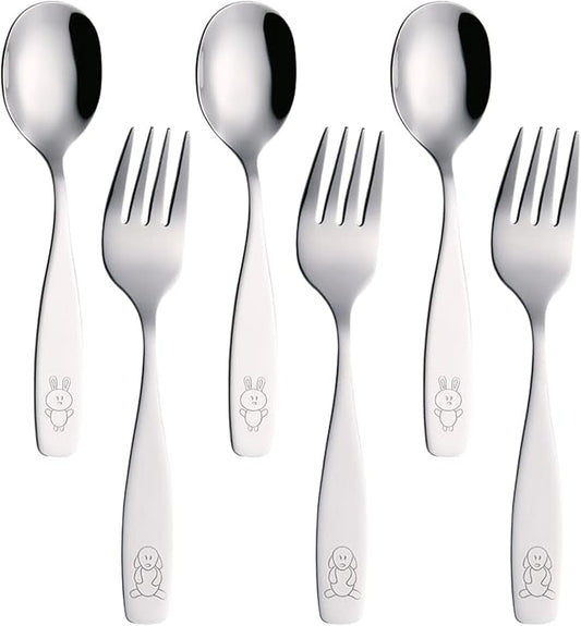 Exzact Children Flatware 6pcs - 3 x Forks, 3 x Spoons - Toddler Utensil Kids Silverware Cutlery Stainless Steel - Dishwasher Safe