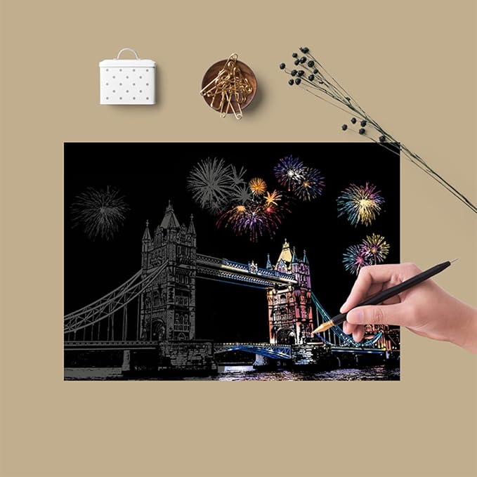 Georgie Porgy Scratch Paper Art A4 Set for Kids Adults Magic Rainbow Scratch Postcards Boards for DIY Arts and Crafts Kits Christmas Birthday Gift with Scratching Tools Kit (Beauty+Fireworks City)