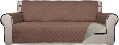PureFit Reversible Quilted Sofa Cover, Water Resistant Slipcover Furniture Protector, Washable Couch Cover with Non Slip Foam and Elastic Straps for Kids, Dogs, Pets (Large, Brown/Beige)