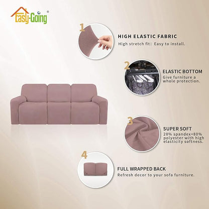 Easy-Going 8 Pieces Microfiber Stretch Sectional Recliner Sofa Slipcover Soft Fitted Fleece 3 Seats Couch Cover Washable Furniture Protector with Elasticity for Kids Pet(Recliner Sofa, Pink)
