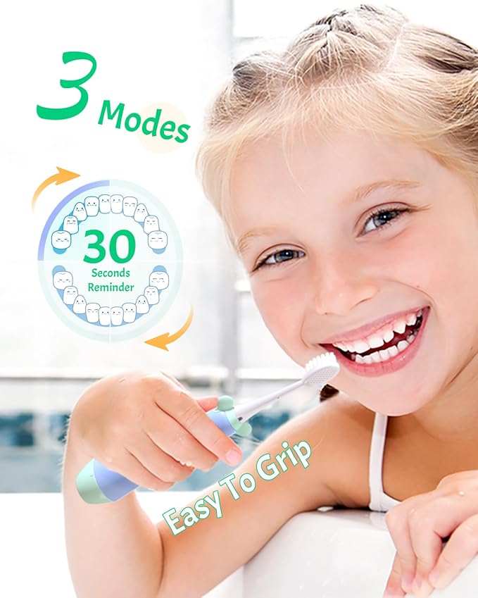 NELL&WELL Kids Electric Toothbrush, 2-Min Timer, 3 Modes with Memory, IPX 7 Waterproof, Battery Powered Kids Toothbrush with 3 Soft Bristles Heads for Children Boys and Girls Ages 3+