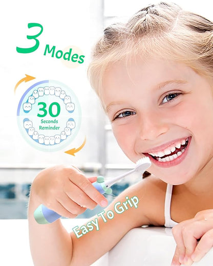 NELL&WELL Kids Electric Toothbrush, 2-Min Timer, 3 Modes with Memory, IPX 7 Waterproof, Battery Powered Kids Toothbrush with 3 Soft Bristles Heads for Children Boys and Girls Ages 3+