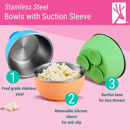 Elk and Friends Stainless Steel Bowls with Silicone Sleeve for Babies & Toddlers | Lids Included | Stay Put Suction | Cereal & Snack Bowls | 4 Pack