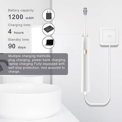 Electric Toothbrush for Adults and Kids, Sonic Electric Toothbrush, 4 Modes and 2 Minute Timer, 30000-45000VPM Power Toothbrush, IPX8, One Charge for 90 days 8 Replacement Head, Christmas Gift (White)